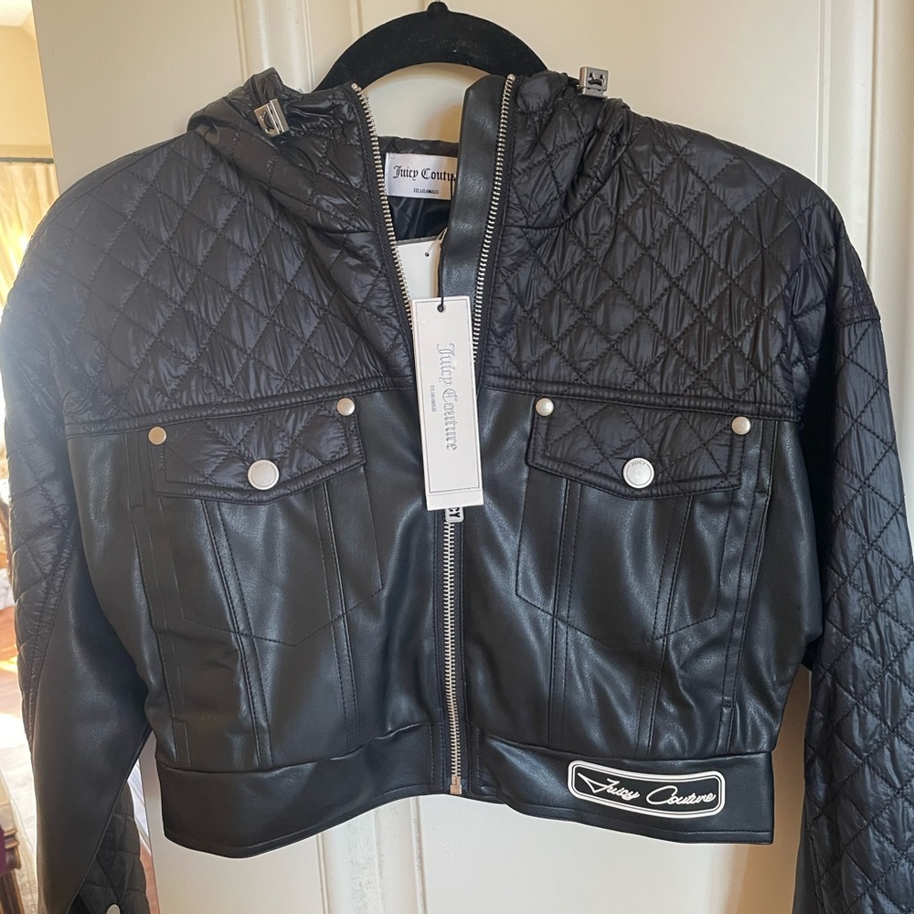 BRAND NEW JUICY COUTURE BLACK FAUX LEATHER QUILTED CROP JACKET SZ XS